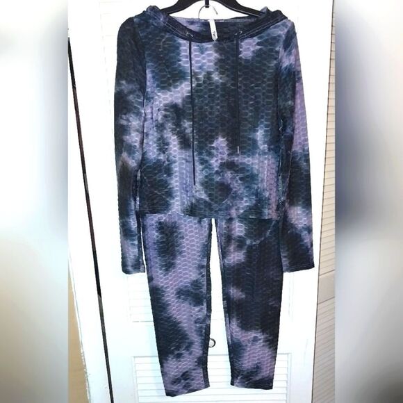 Women's Honeycomb Bubble Texture Tie Dye Butt Lift Activewear Sweatsuit Hooded L - Picture 4 of 9